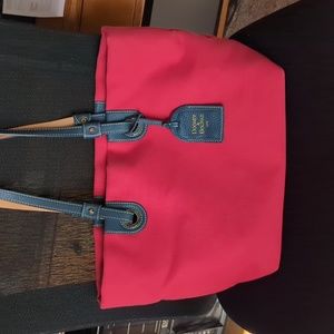 Dooney & Bourke red Canvas Tote w\Navy leather handles & trim